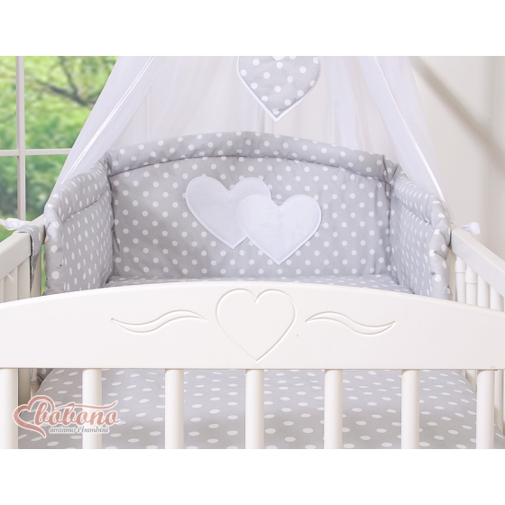 Baby Bed Canopy made of tulle- Hanging Hearts white dots on Gray