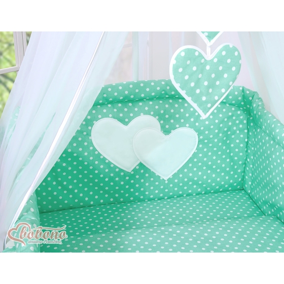 Baby Bed Canopy made of tulle- Hanging Hearts white dots on mint