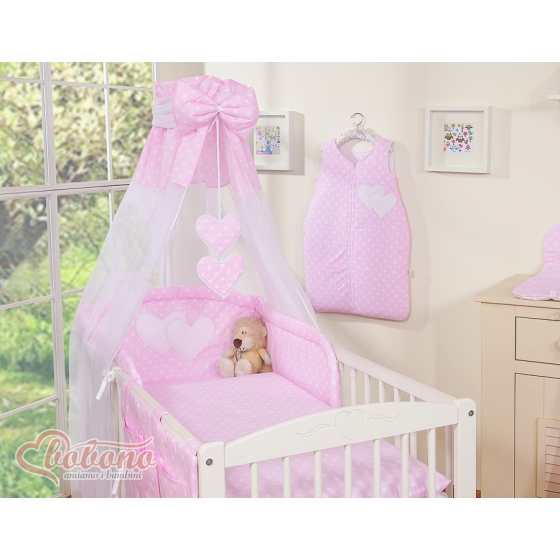 Baby Bed Canopy made of tulle- Hanging Hearts white dots on pink