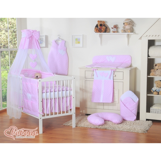 Baby Bed Canopy made of tulle- Hanging Hearts white dots on pink