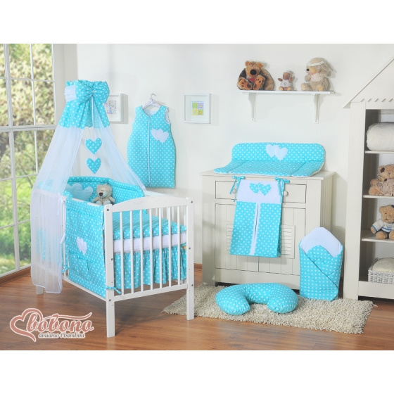 Baby Bed Canopy made of tulle- Hanging Hearts white dots on turquoise