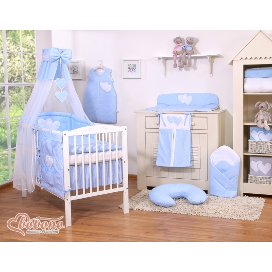 Baby Bed Canopy made of tulle- Hanging Hearts white polka dots on blue