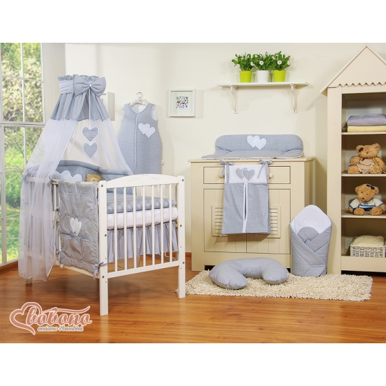 Baby Bed Canopy made of tulle- Hanging Hearts white polka dots on gray