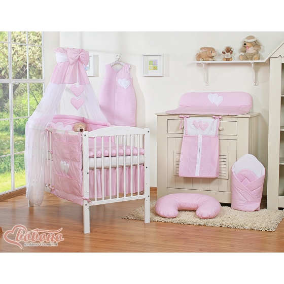Baby Bed Canopy made of tulle- Hanging Hearts white polka dots on pink