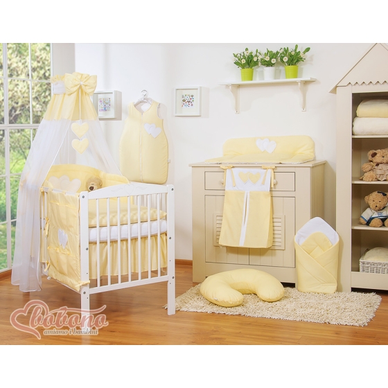 Baby Bed Canopy made of tulle- Hanging Hearts yellow stripes