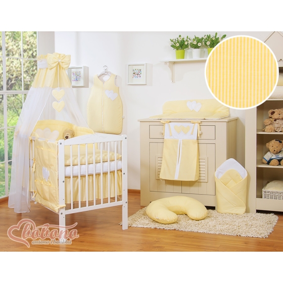 Baby Bed Canopy made of tulle- Hanging Hearts yellow stripes