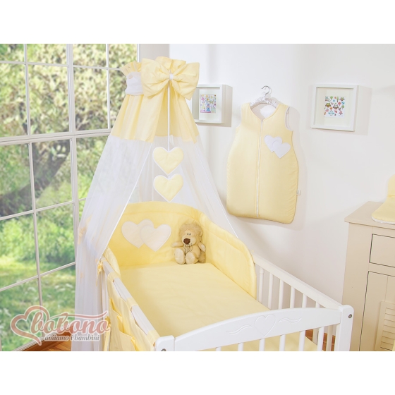 Baby Bed Canopy made of tulle- Hanging Hearts yellow stripes