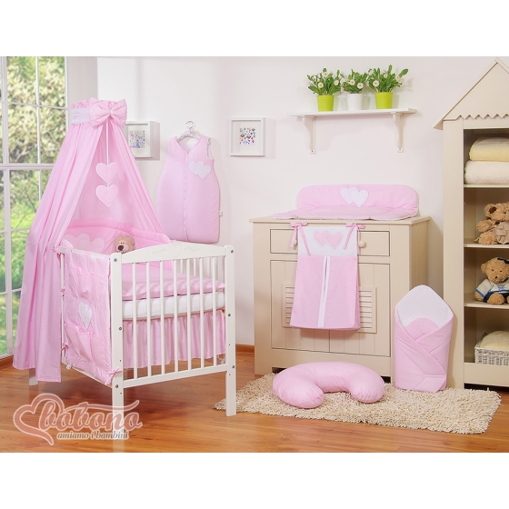 Baby Bedding set 5-pcs- with canopy- Hanging Hearts pink stripes