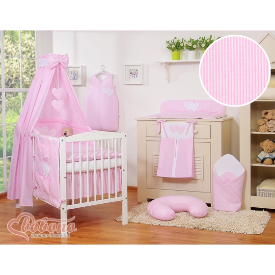 Baby Bedding set 5-pcs- with canopy- Hanging Hearts pink stripes