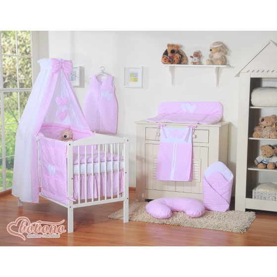 Baby Bedding set 5-pcs- with canopy- Hanging Hearts white dots on pink
