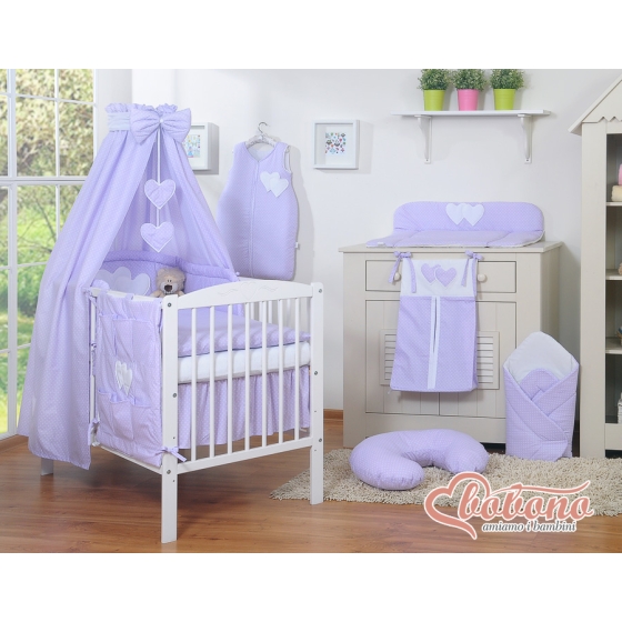 Baby Bedding set 5-pcs- with canopy- Hanging Hearts white polka dots on lilac