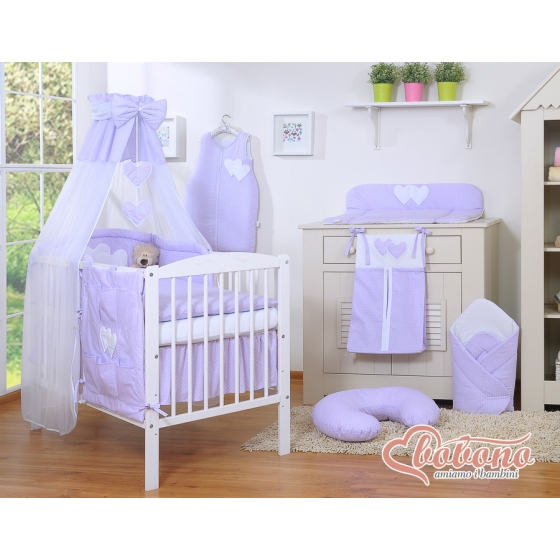 Baby Bedding set 5-pcs- with canopy- Hanging Hearts white polka dots on lilac