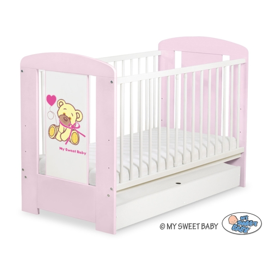 Baby cot bed 120x60cm Tedy Bear with bow pink with drawer STANDARD