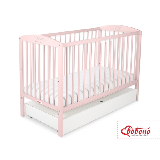 Baby cot bed 120x60cm with crown no. 5006-01- powder pink with drawer STANDARD
