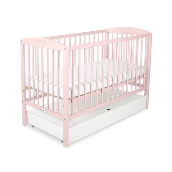 Baby cot bed 120x60cm with crown no. 5006-01- powder pink with drawer STANDARD