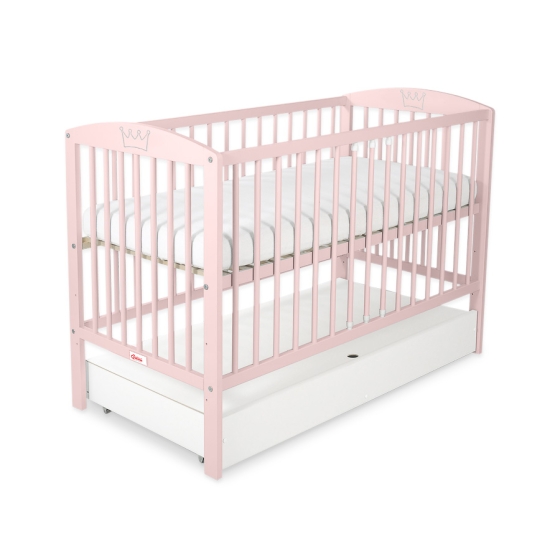 Baby cot bed 120x60cm with crown no. 5006-01- powder pink with drawer STANDARD