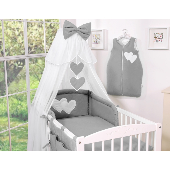 Baby Cot Bed Mosquito-net made of tulle- Hanging Hearts anthracite