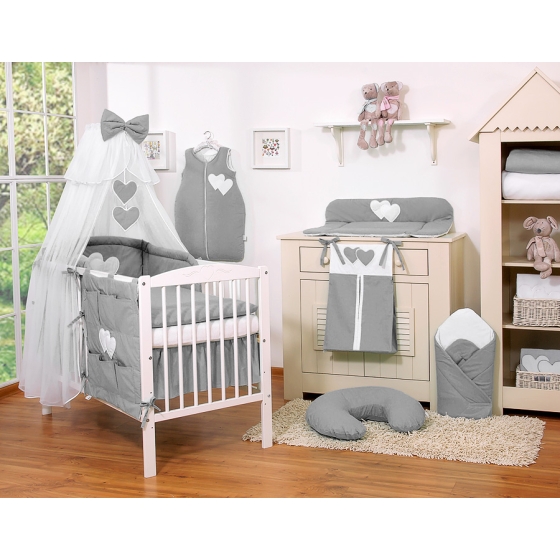 Baby Cot Bed Mosquito-net made of tulle- Hanging Hearts anthracite