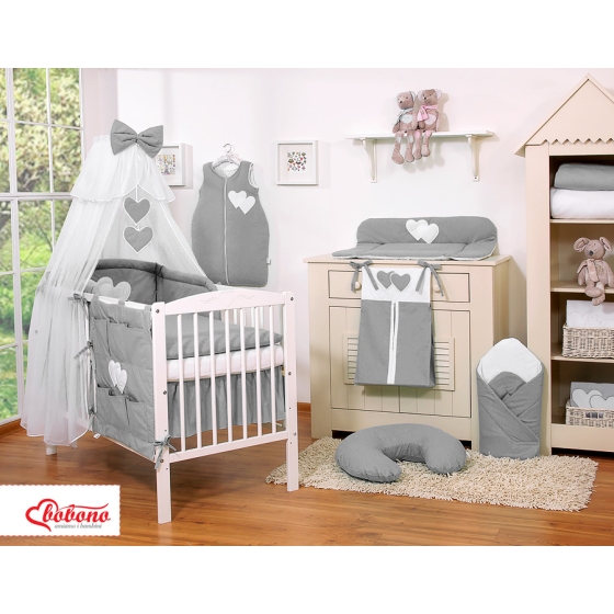 Baby Cot Bed Mosquito-net made of tulle- Hanging Hearts anthracite