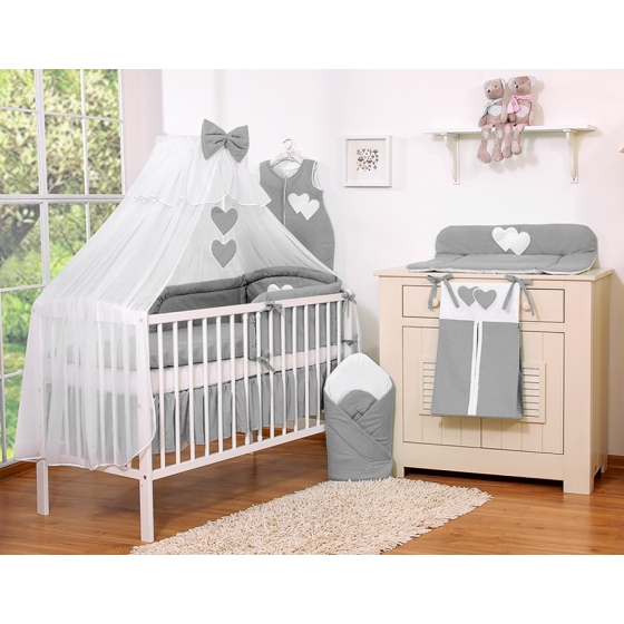 Baby Cot Bed Mosquito-net made of tulle- Hanging Hearts anthracite