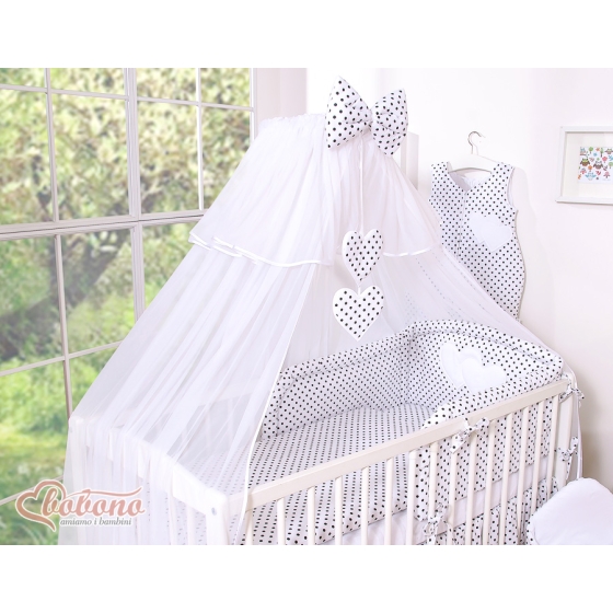 Baby Cot Bed Mosquito-net made of tulle- Hanging Hearts black dots on white