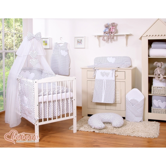 Baby Cot Bed Mosquito-net made of tulle- Hanging Hearts black dots on white