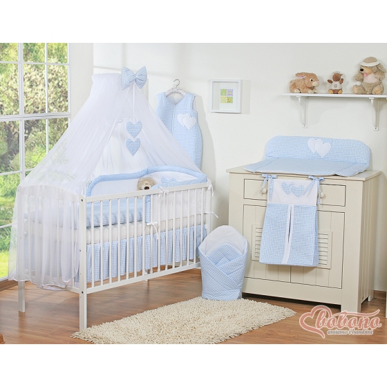 Baby Cot Bed Mosquito-net made of tulle- Hanging Hearts blue checkered