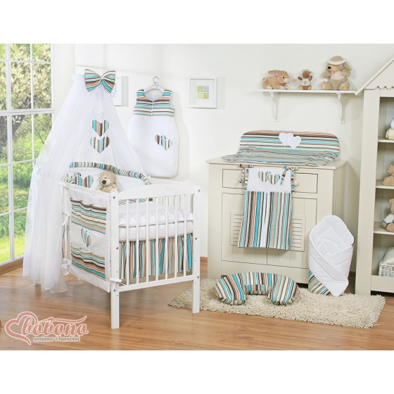 Baby Cot Bed Mosquito-net made of tulle- Hanging Hearts brown stripes