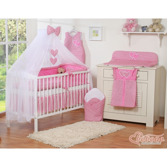 Baby Cot Bed Mosquito-net made of tulle- Hanging Hearts dark pink checkered