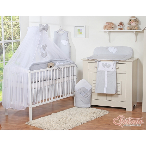 Baby Cot Bed Mosquito-net made of tulle- Hanging Hearts gray