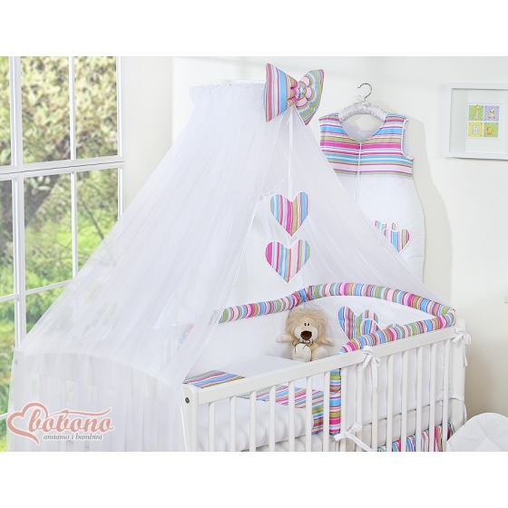 Baby Cot Bed Mosquito-net made of tulle- Hanging Hearts lila stripes