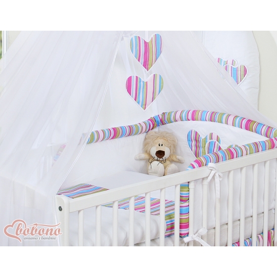 Baby Cot Bed Mosquito-net made of tulle- Hanging Hearts lila stripes