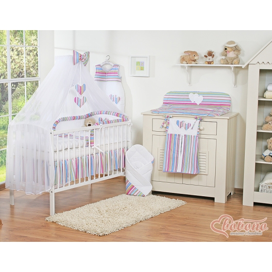 Baby Cot Bed Mosquito-net made of tulle- Hanging Hearts lila stripes