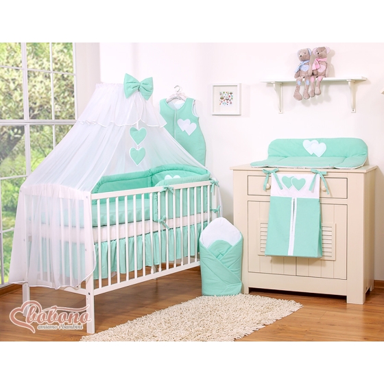Baby Cot Bed Mosquito-net made of tulle- Hanging Hearts mint