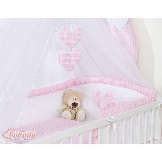 Baby Cot Bed Mosquito-net made of tulle- Hanging Hearts pink checkered