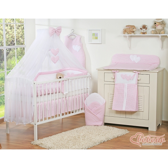 Baby Cot Bed Mosquito-net made of tulle- Hanging Hearts pink checkered