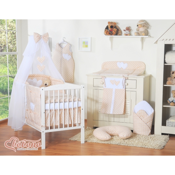 Baby Cot Bed Mosquito-net made of tulle- Hanging Hearts white dots on beige