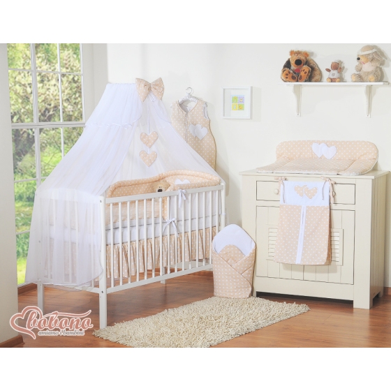 Baby Cot Bed Mosquito-net made of tulle- Hanging Hearts white dots on beige