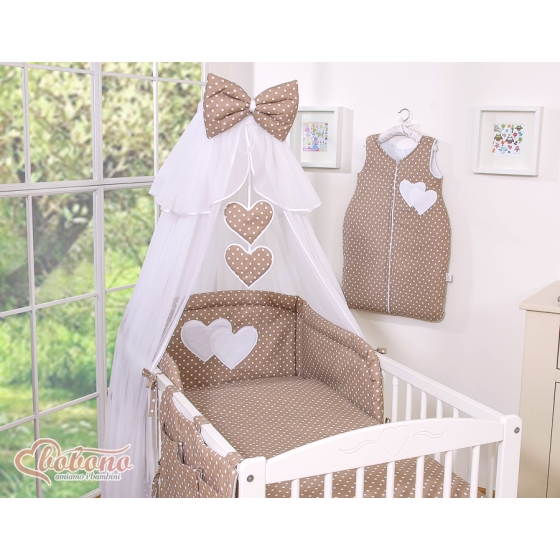 Baby Cot Bed Mosquito-net made of tulle- Hanging Hearts white dots on brown