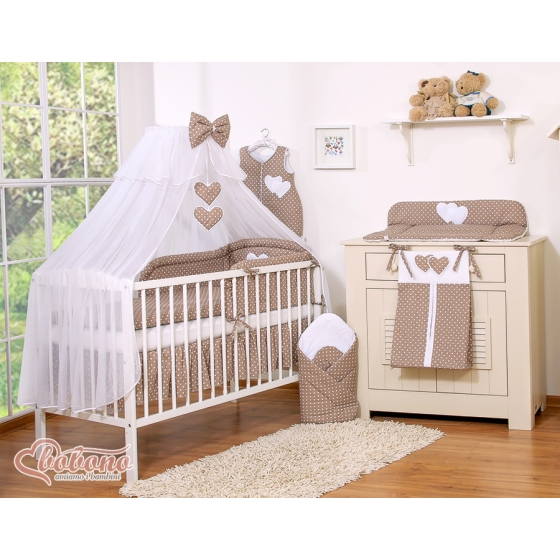 Baby Cot Bed Mosquito-net made of tulle- Hanging Hearts white dots on brown