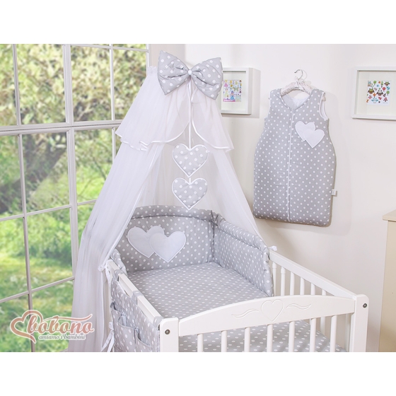 Baby Cot Bed Mosquito-net made of tulle- Hanging Hearts white dots on gray