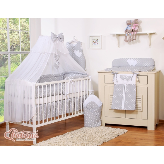 Baby Cot Bed Mosquito-net made of tulle- Hanging Hearts white dots on gray