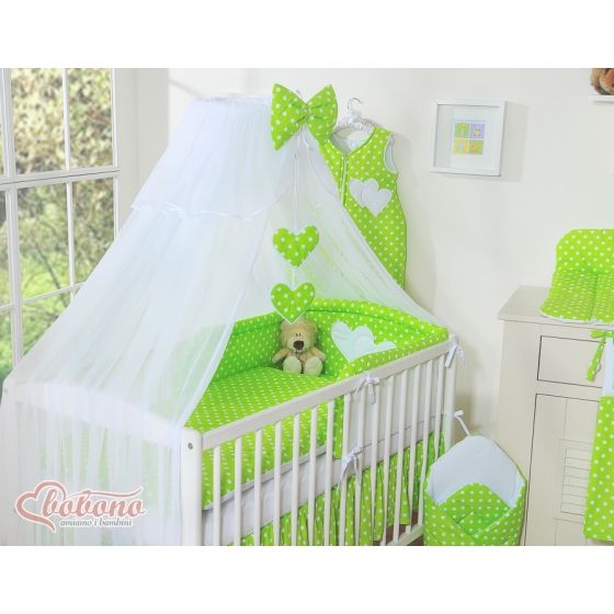 Baby Cot Bed Mosquito-net made of tulle- Hanging Hearts white dots on green