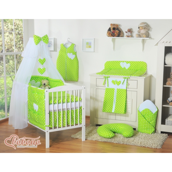Baby Cot Bed Mosquito-net made of tulle- Hanging Hearts white dots on green