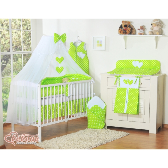 Baby Cot Bed Mosquito-net made of tulle- Hanging Hearts white dots on green