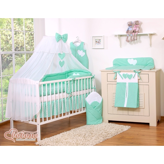 Baby Cot Bed Mosquito-net made of tulle- Hanging Hearts white dots on mint
