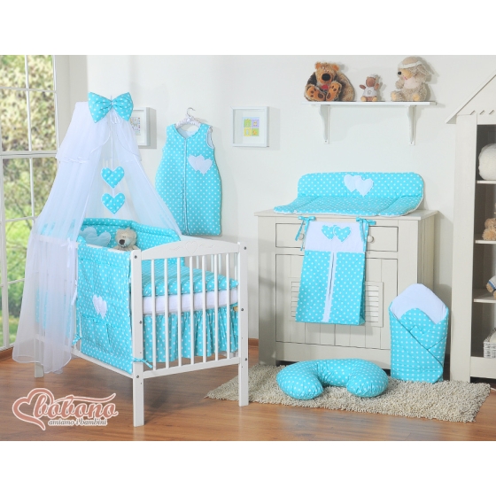 Baby Cot Bed Mosquito-net made of tulle- Hanging Hearts white dots on turquoise