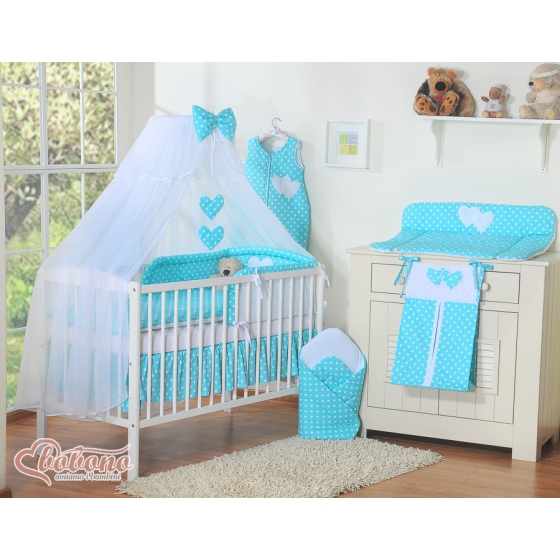Baby Cot Bed Mosquito-net made of tulle- Hanging Hearts white dots on turquoise