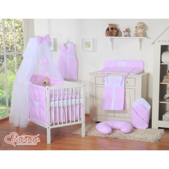 Baby Cot Bed Mosquito-net made of tulle- Hanging Hearts white on pink