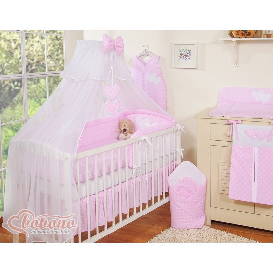 Baby Cot Bed Mosquito-net made of tulle- Hanging Hearts white on pink